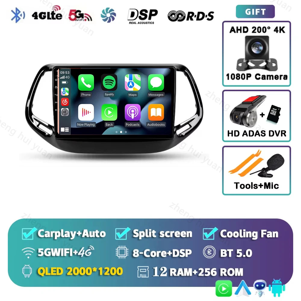 2K QLED For Jeep Compass 2 MP 2016 - 2018 Android 15 CarPlay Auto Car Radio Multimedia Video Player GPS stereo Head Unit 4G WIFI