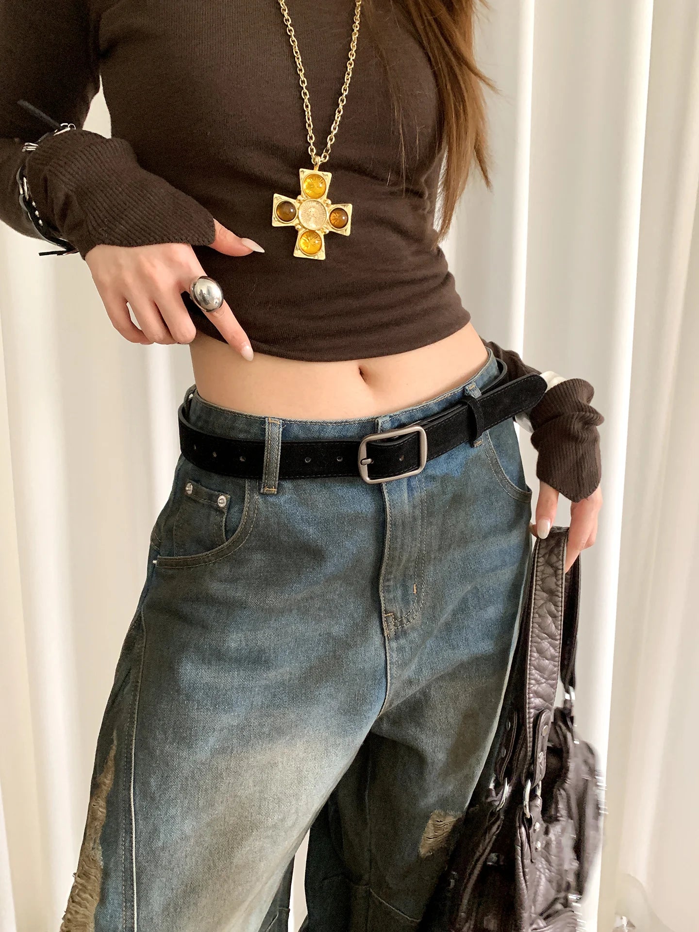 Korean Version Of Retro Velvet Brown Belt For Women A Small Number Of Skirts And Jeans Belts With A High-End Feel