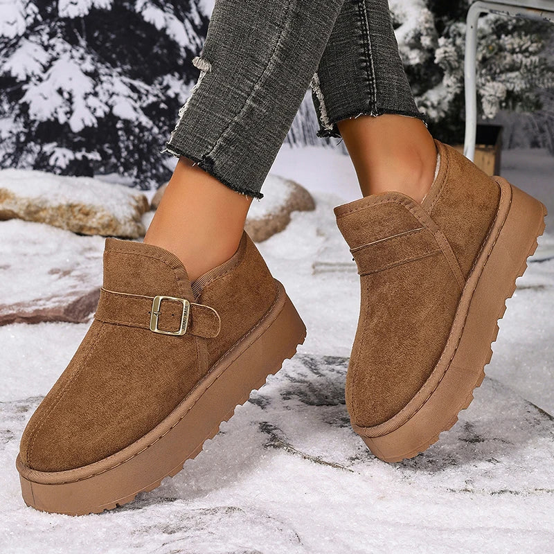 Buckle Decor Thick Bottom Winter Ankle Boots Women 2025 Faux Suede Platform Snow Boots Woman Slip On Short Plush Cotton Shoes