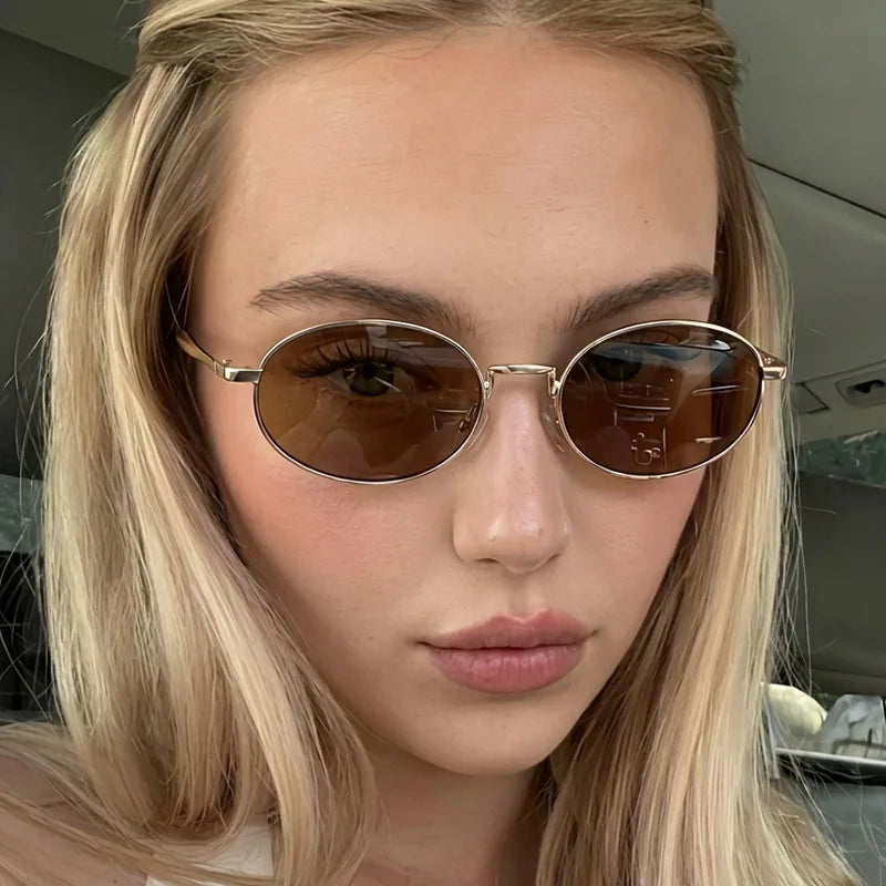 JNPCXI New Vintage Metal Small Oval Punk Women Sunglasses Fashion Green Gradient Shades UV400