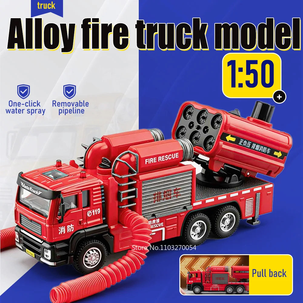 1:50 Spray Fire Truck Alloy Diecast Model Toys Car One Click Water Spray Sound Light Pull Back Removable Pipeline Cars Kids Gift