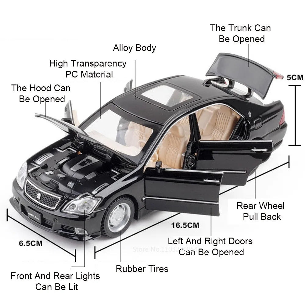 1:32 Crown Corolla Toys Model Car Diecast Alloy Vehicles Rubber Tires 6 Doors Opened Sound Light Pull Back Cars Toy for Kid Gift