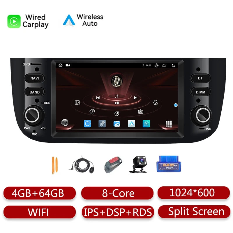 AneQu Android Car Radio for Fiat Punto evo 2010-2017 Car Multimedia Player Support Wireless CarPlay 8Core/4G/GPS