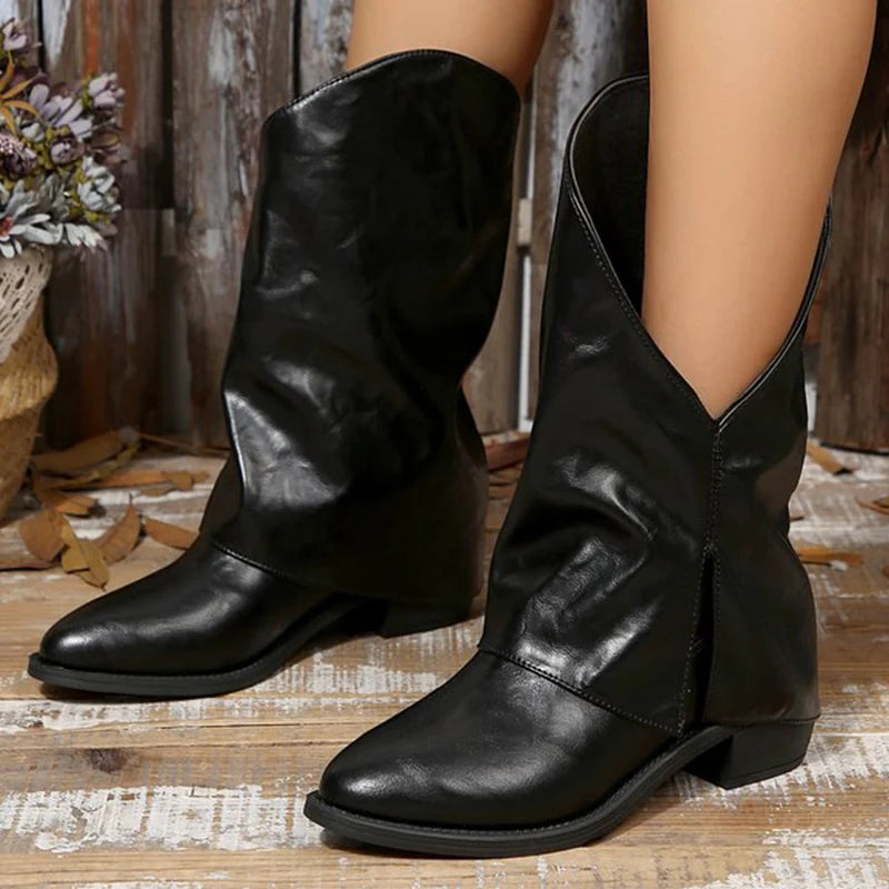 Fashion Irregular Mid Calf Boots Women Sexy Black Pu Leather Women's Boots Spring Autumn Pointed Toe Non Slip Botas Ladies