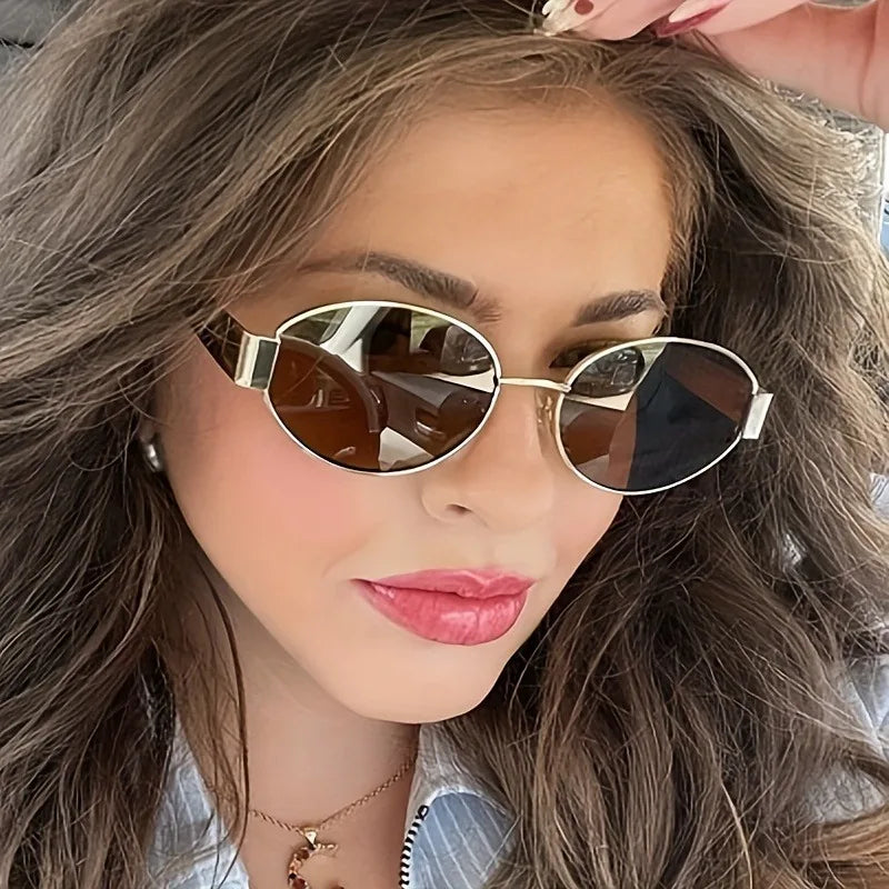 Women's Retro Oval Golden-Tone  Stylish Decorative Eyewear for Casual Formal Outfits