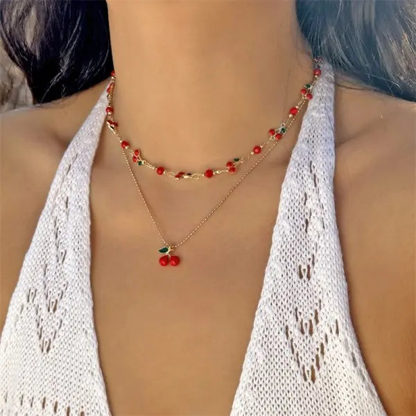Sweet Y2K Watermelon Strawberry Pendant Necklace for Women Girls Elegant Imitation Pearl Clavicle Chain Neck Jewelry Accessories