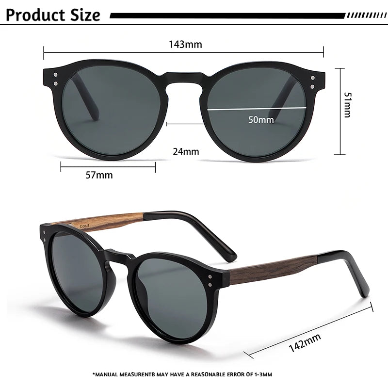 CATERSIDE Men's Round Sunglasses Solid Wood Temple High-Quality Spring Hinge Sun Glasses Women's Party Travel Eyewear UV400