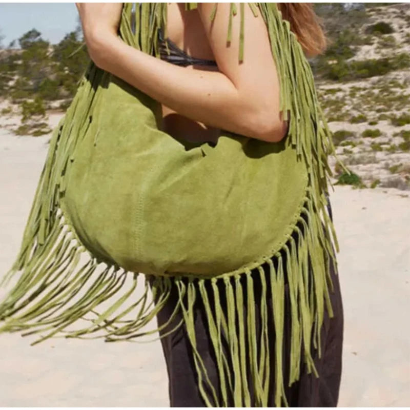 Green Retro Tassel Women Armpit Bag Suede Design Dumpling Shoulder Bag W.Cowboy