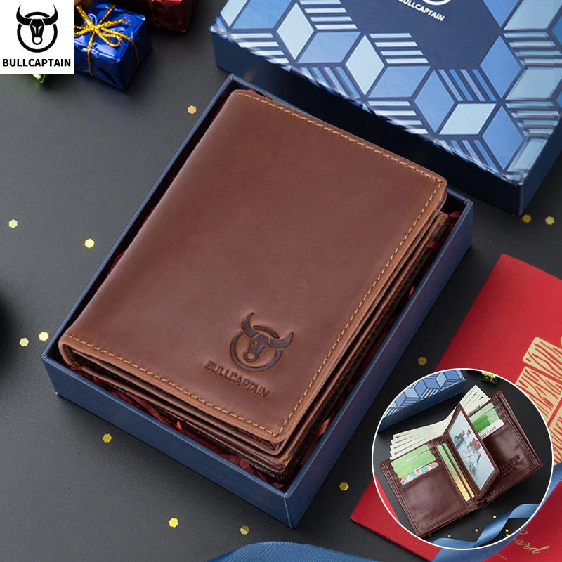 Bullcaptain Large Capacity Leather Bi-Fold Wallet Men's Gift Wallet's Compact Mini Credit Card Holder RFID Wallet Man