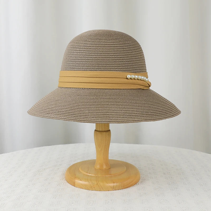 6178-New summer women's sun-protective hat - trendy pearl straw hat for beachandvacation-large-brimmed sun hatforoutdooractivies