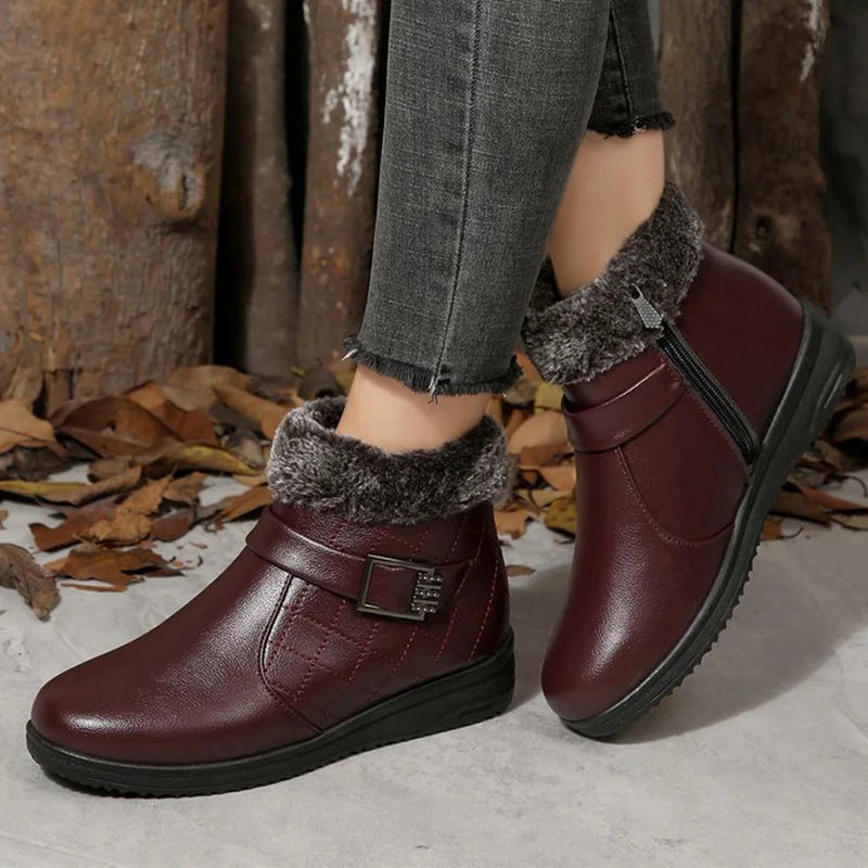 Retro Faux Pu Leather Snow Boots Women Winter 2025 Zipper Up Wedges Snow Boots Woman Anti Slip Furry Warm Booties Female