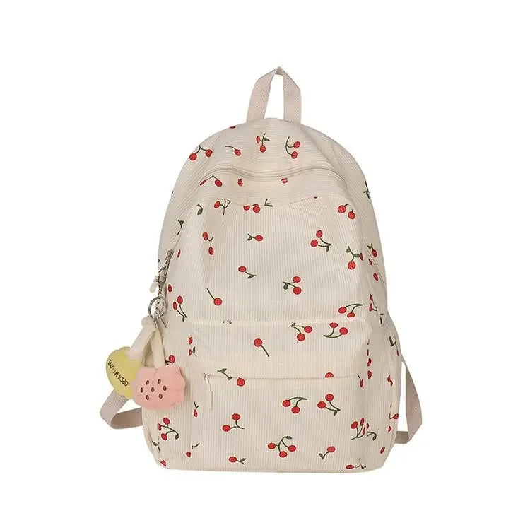 Corduroy Backpack Cherry Pattern Women Travel Daypack Adjustable Strap Laptop Backpack Zipper for Work Shopping School mochilas