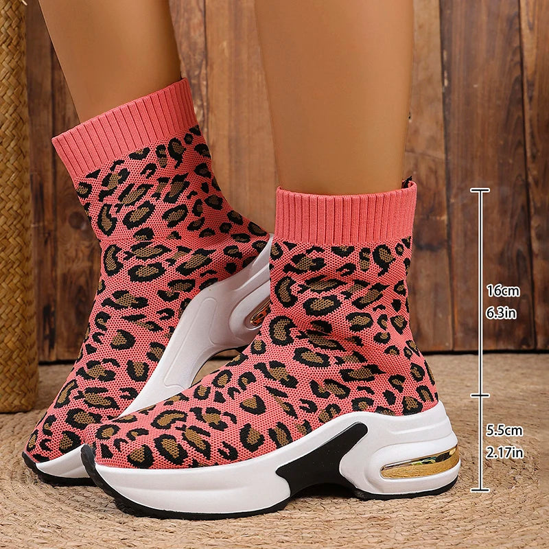 Fashion Leopard Print Platform Ankle Boots Women Comfy Slip On Breathable Knitted Boots Woman Plus Size 35-43 Wedges Short Boots