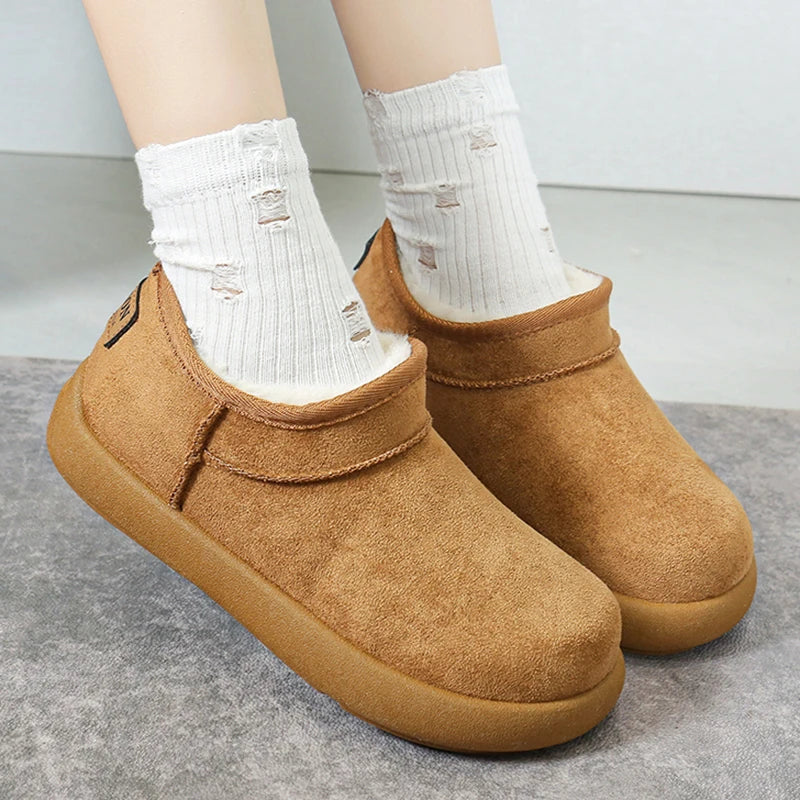 Thick Bottom Faux Suede Snow Boots Women 2025 Slip On Warm Short Plush Ankle Boots Woman Anti Slip Winter Cotton Padded Shoes