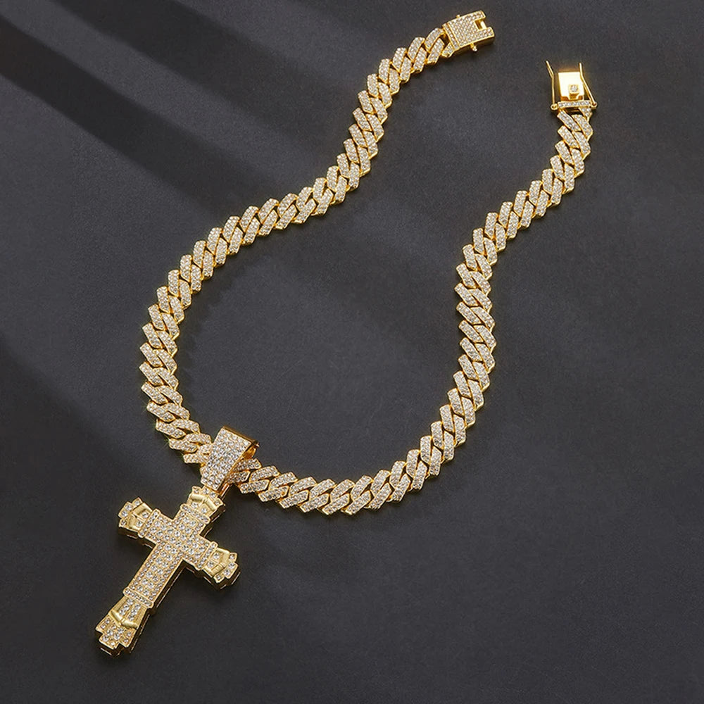 Men Women Shiny Cross Pendant Necklace With Miami Cuban Chain Link Hip Hop Iced Out Bling Fashion Exquisite Charm Jewelry Gift