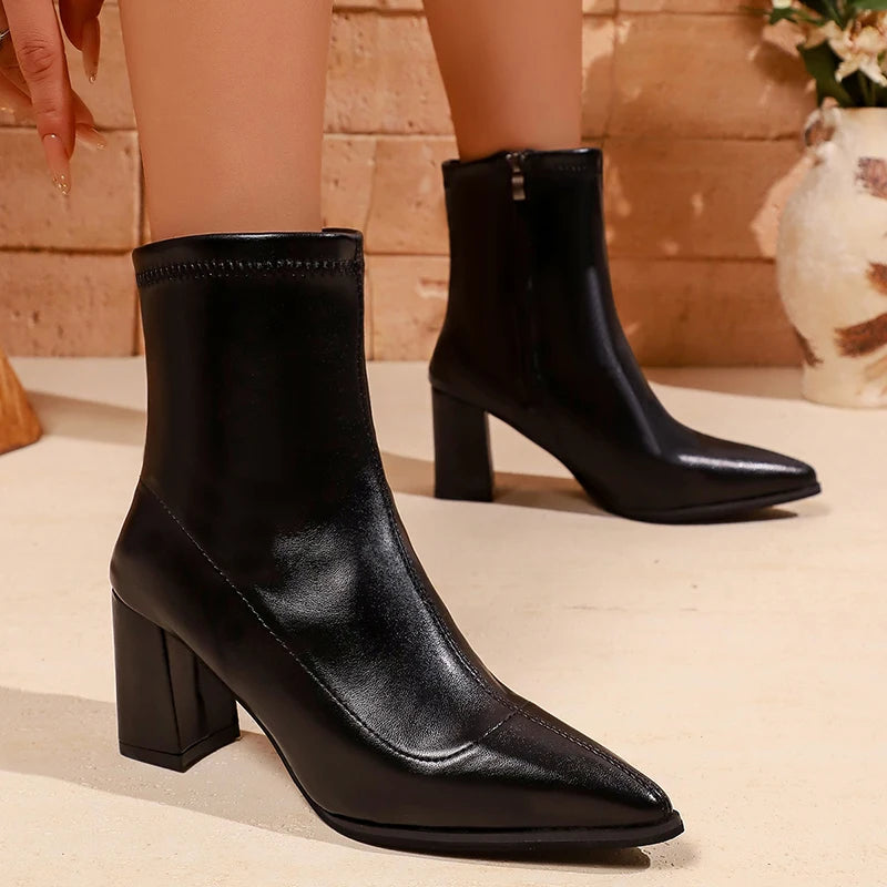 Fashion High Heels Ankle Boots Women Plus Size 43 Pointed Toe Pu Leather Short Booties Mujer Side Zipper Thick Heel Boots Ladies