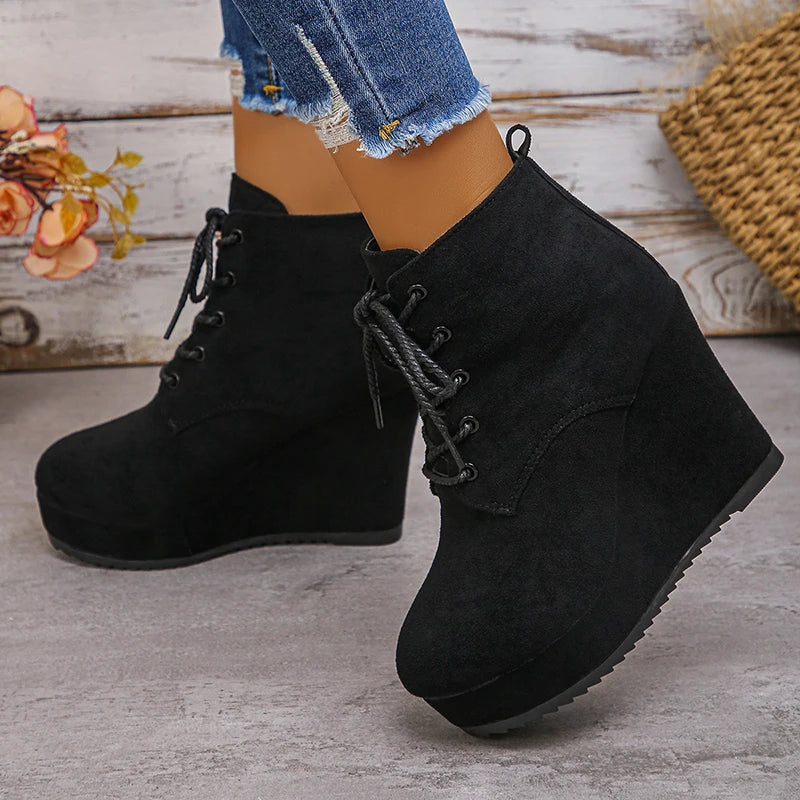 Fashion Lace Up Wedge Boots for Women Plus Size 35-42 Chunky Platform Ankle Boots Woman Autumn Winter Faux Suede Short Booties