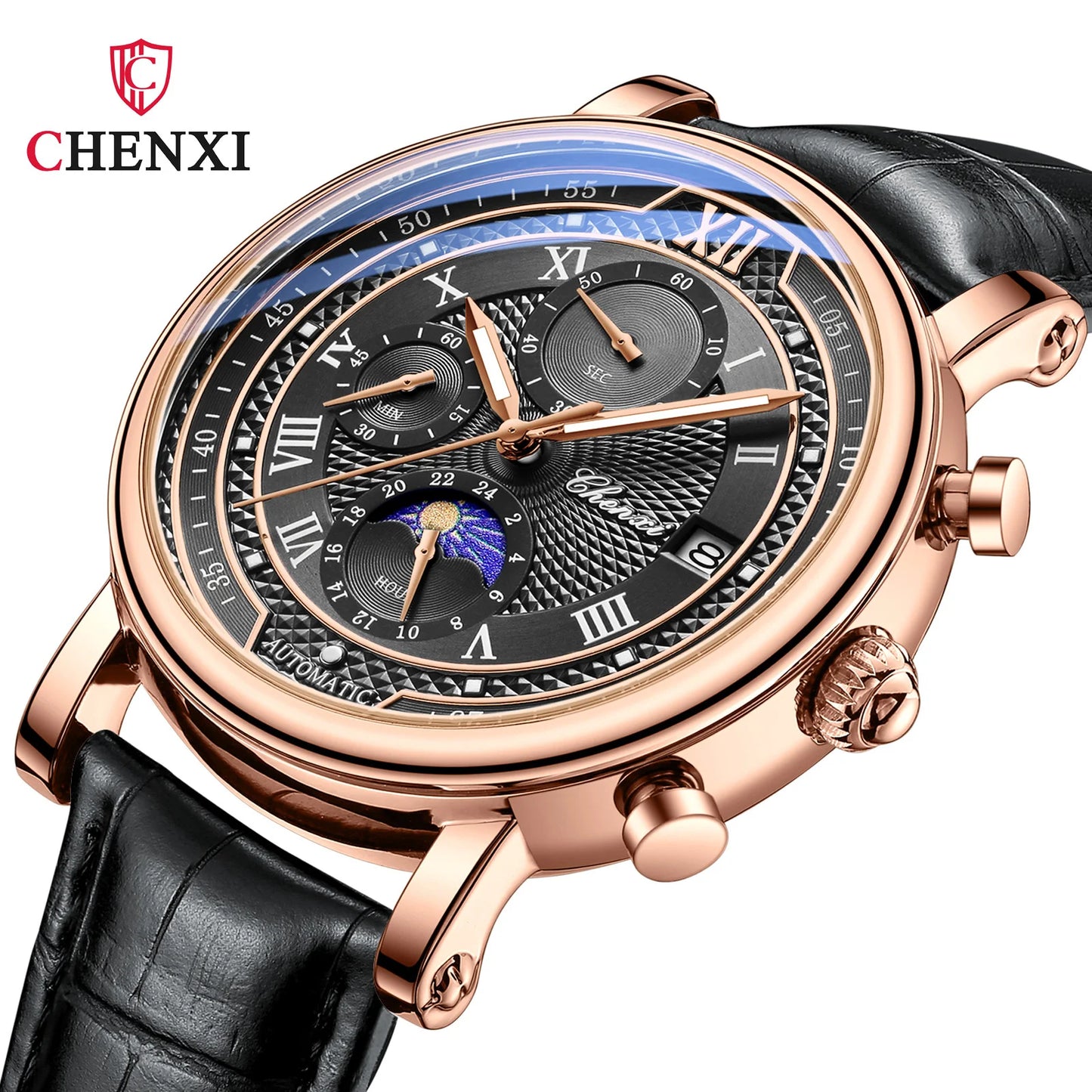 Chenxi Men's Leather Chronograph Phase of The Moon Luminous Quartz Watch Brown