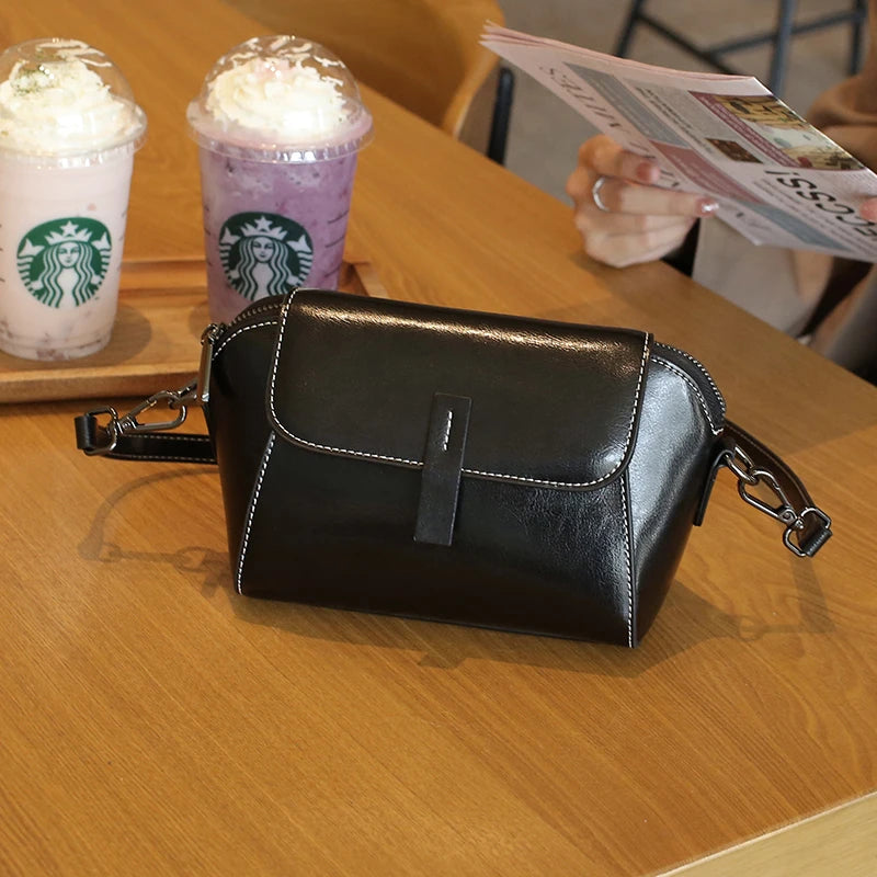 2025 New Female Oil Wax Cowhide Genuine Leather Crossbody Bag Fashionable Versatile Shoulder Shell Handbag Lady Casual Phone Bag