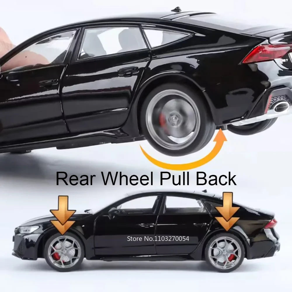 1:24 RS7 Sportback Diecast Model Alloy Toys Car Doors Opened Sound Light Pull Back Front Wheel Steering for Children's Toy Gifts