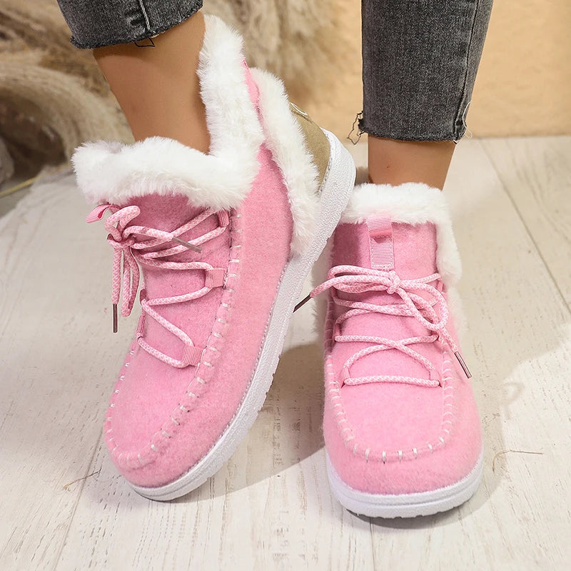 Red Thick Plush Lace Up Snow Boots Women Plus Size 43 Non Slip Sole Cotton Shoes Woman Comfortable Warm Fluffy Winter Boots