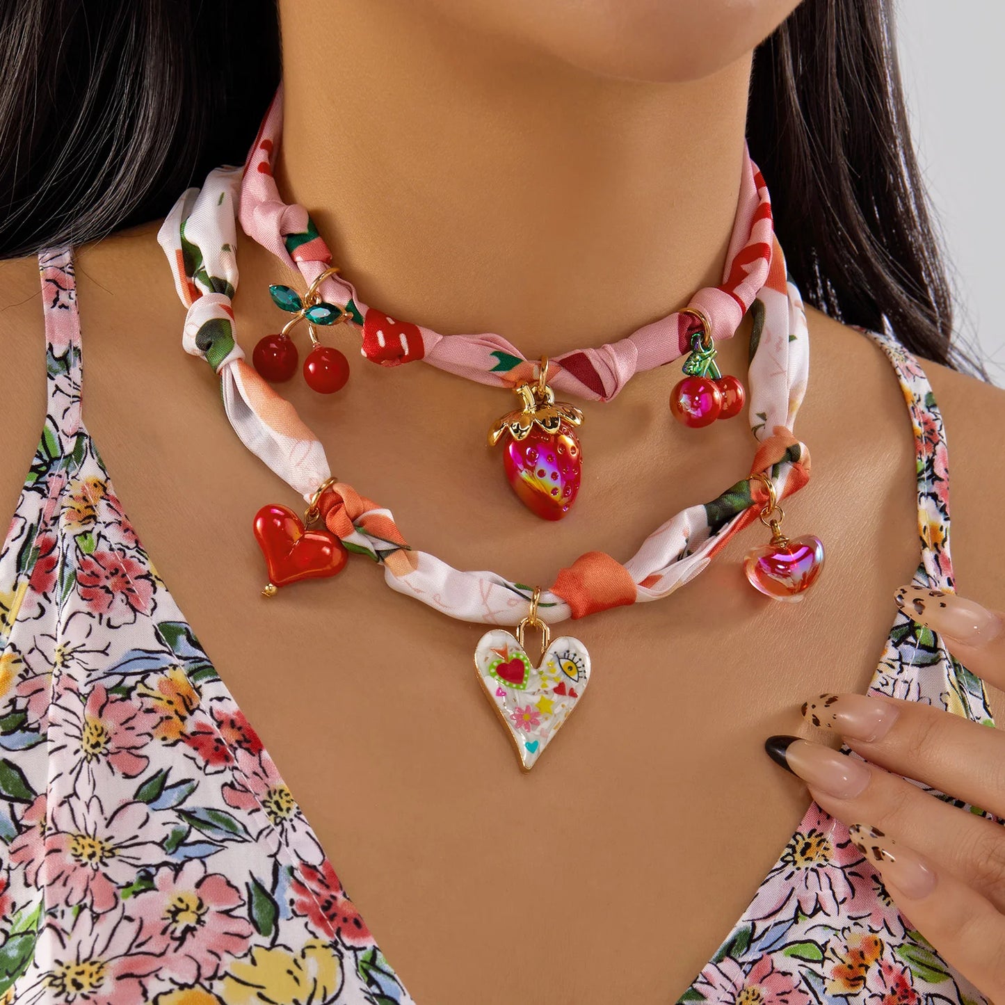 Sweet Cherry Strawberry Bow Heart Pendant Necklace Women's Colorful Ribbon Choker New Trend Neck Chain Jewelry Y2K Accessories