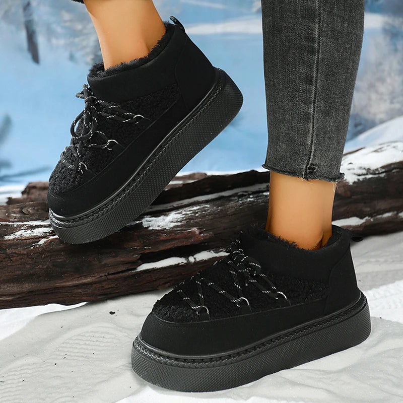 Fashion Lace Up Platform Snow Boots Women 2025 Thicken Plush Warm Winter Boots Woman Thick Sole Non Slip Cotton Padded Shoes