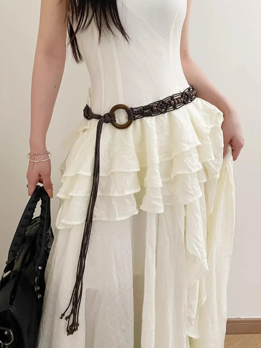 Retro Folk Style Woven Waist Rope Women Wooden Ring Design Feeling Bohemian Skirt Dress Belt Accessories