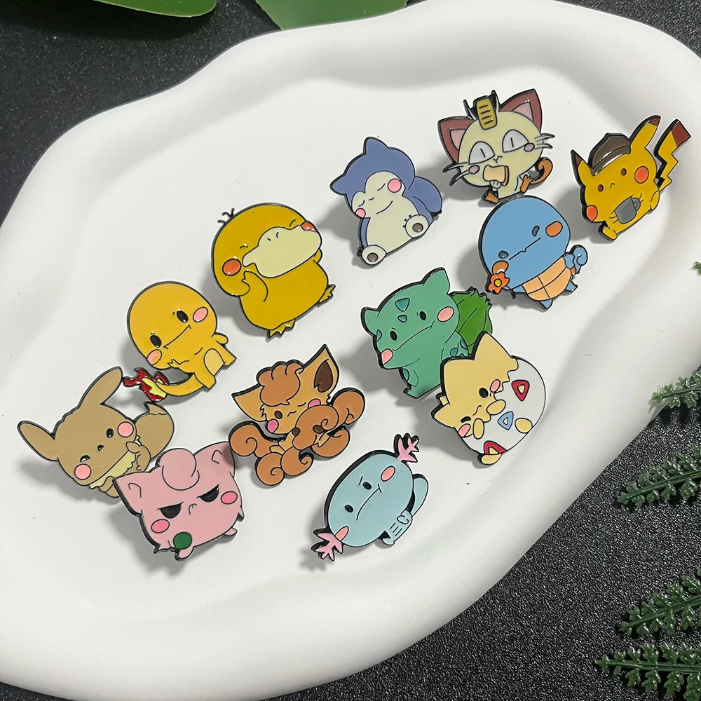 12pcs Anime Pokémon Brooch Set - Charmander Pikachu Eevee Meowth Wooper Vulpix Metal Badges Inspirational Jewelry Pins