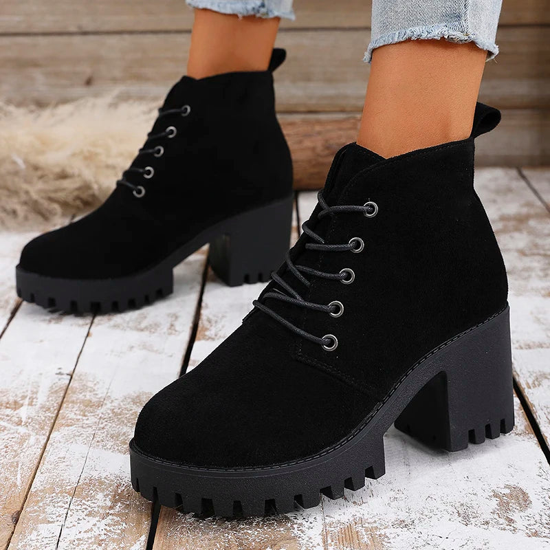 Classic Lace Up High Heels Ankle Boots Women Autumn Winter Black Flock Short Booties Mujer Plus Size 42 Thick Heel Boots Female