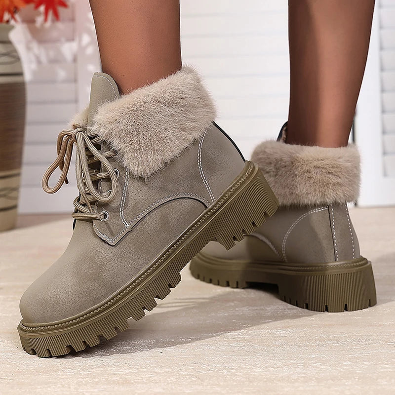 Faux Fur Lace-Up Ankle Boots for Women Autumn Winter Warm Plush Short Boots Woman Comfortable Anti Slip Cotton Padded Shoes 42