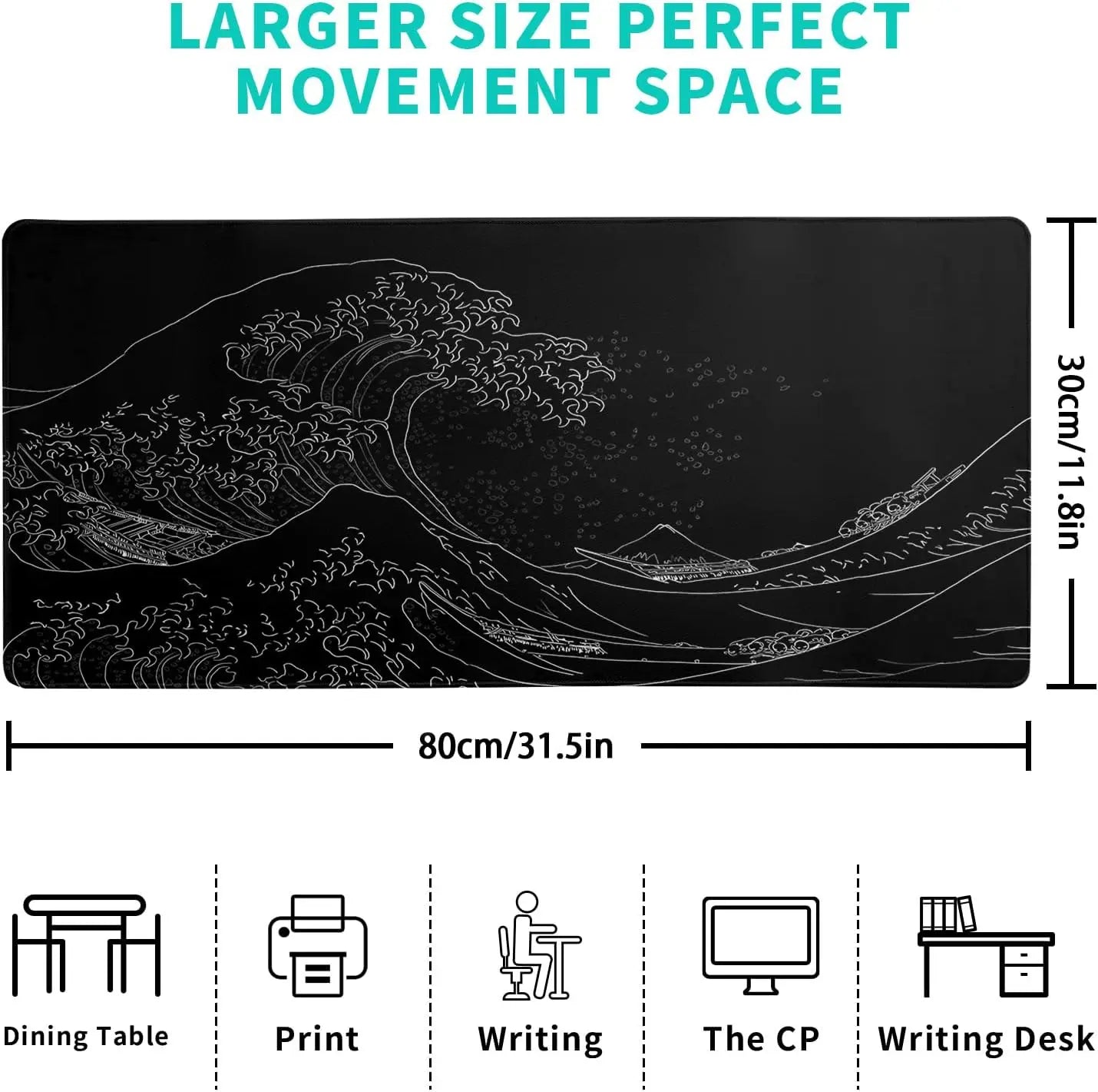 Japanese Sea Wave Large Mouse Pad, Anime Black Gaming, Extended Mat Desk Pad, 3mm Thick Long Non-Slip Rubber Base Mice Pad