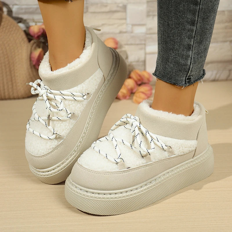 Fashion Lace Up Platform Snow Boots Women 2025 Thicken Plush Warm Winter Boots Woman Thick Sole Non Slip Cotton Padded Shoes