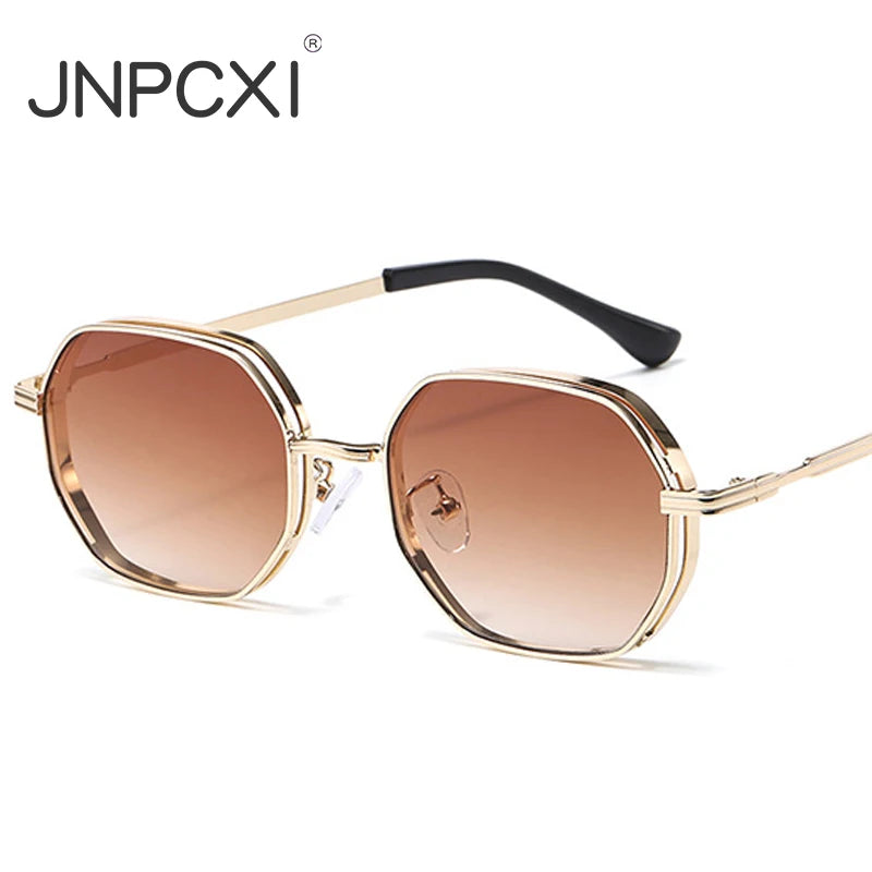JNPCXI New Polygon Round Metal Sunglasses Women Fashion Clear Ocean Gradient Purple Lens Shades UV400 Men Sun Glasses