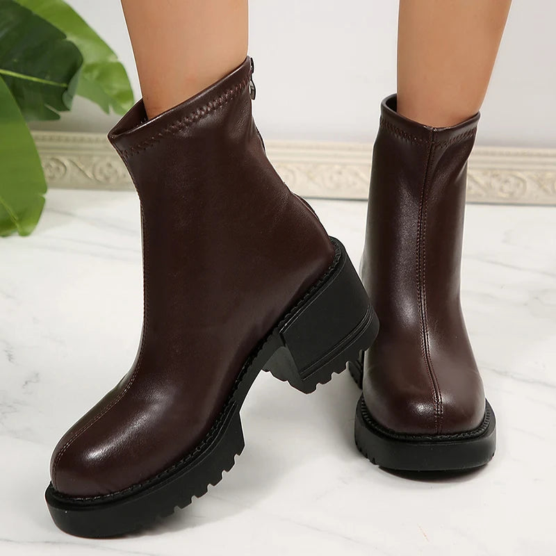 Fashion Thick Heels Ankle Boots Women 2025 Back Zipper Plus Size 35-42 Pu Leather Boots Woman Round Toe Platform Booties Mujer
