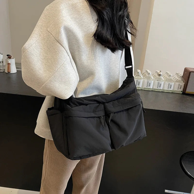 Black Casual Work Style Waterproof Nylon Crossbody Shoulder Bag W/Large Capacity