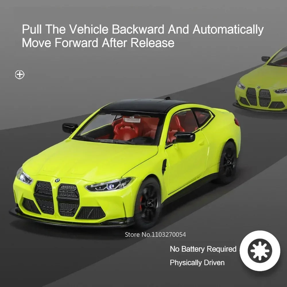 Scale 1/24 M4 Car Model Toy Diecast Alloy Vehicle 4 Doors Opened Metal Body Rubber Tire Sound Light Pull Back Toys Gift for Kids