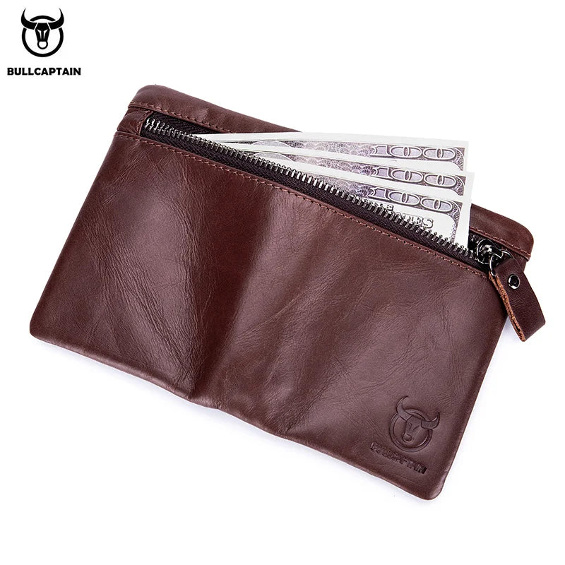 BULLCAPTAIN Short Tri-Fold Buckle Zipper Wallet Men's Cow Leather Wallet Coin Purse Money Bag Business Card Holder RFID Holder