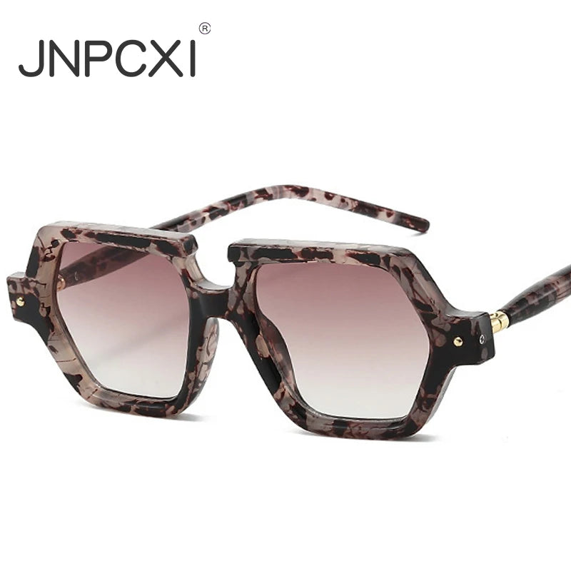 JNPCXI New Polygon Square Rivets Sunglasses Women Fashion Double Color Leopard Gradient Shades Men Clear Lens Frame UV400
