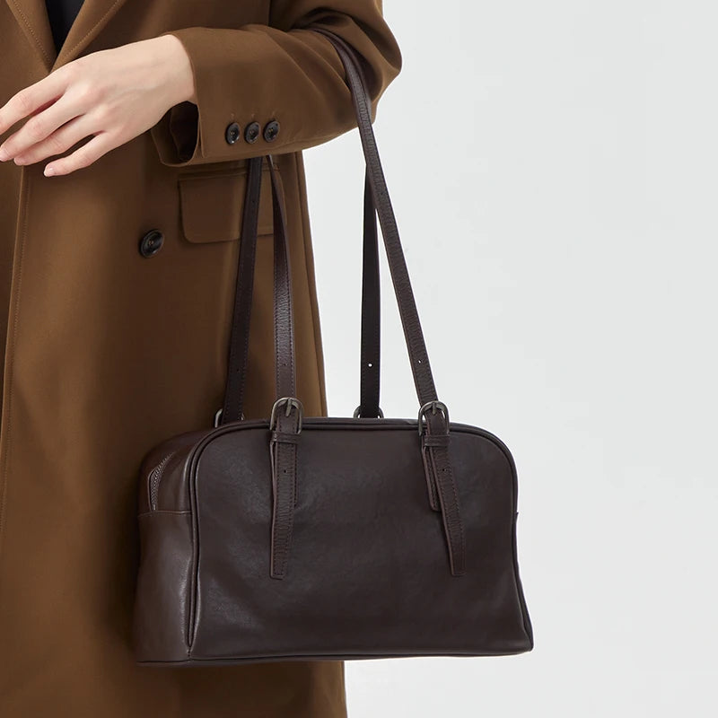 women's Vegetable tanned Cow leather bowling bag female niche retro large capacity genuine leather Crossbody shoulder bag