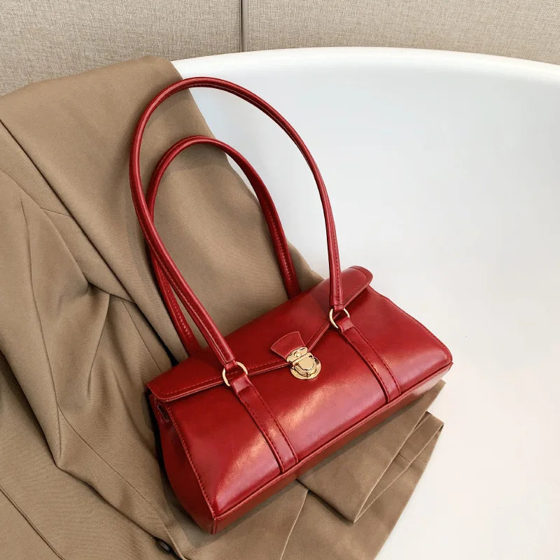 England Style Retro Shoulder Bags High-Grade Sense Underarm Tote Bag Vintage Red Ladies Commuter Bag PU Leather Handbag Purse