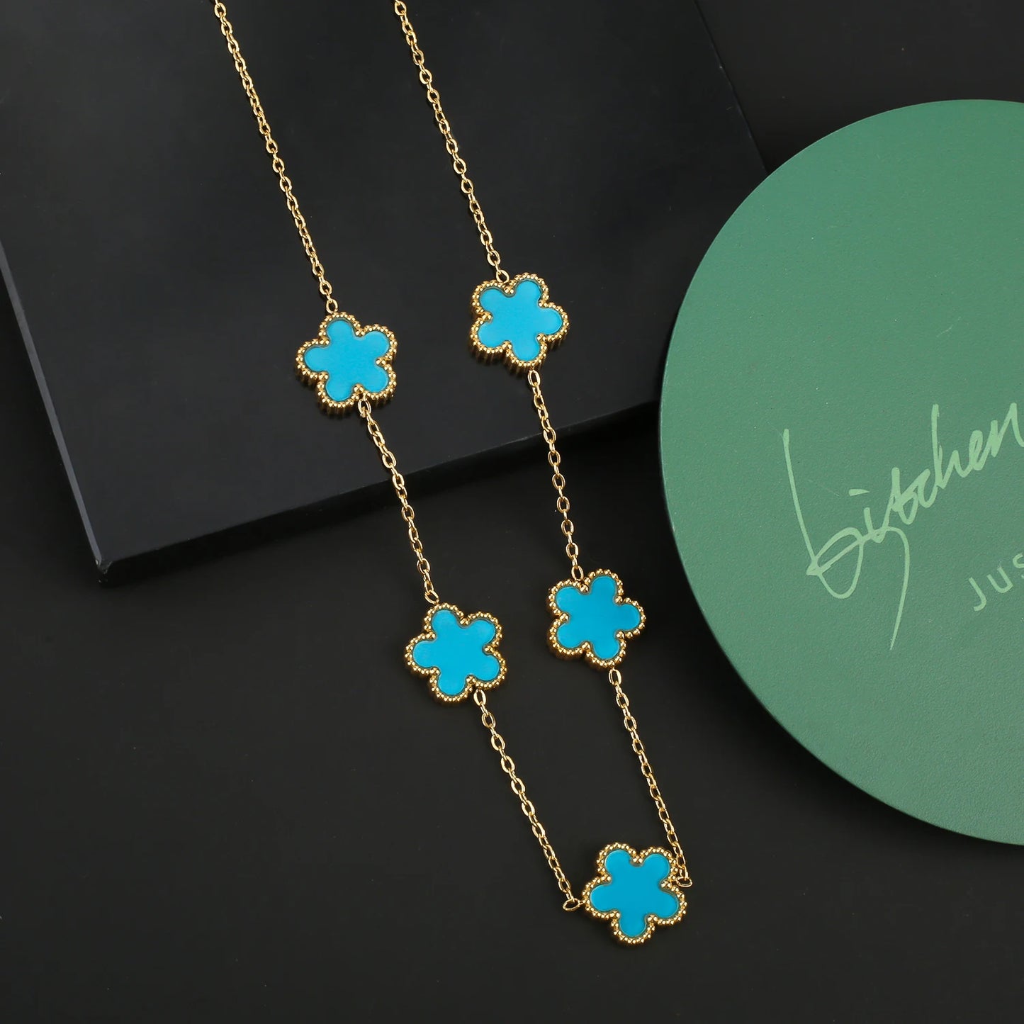 Stainless Steel Leaf Flower Clover Bracelet Jewelry Set Necklace Earrings Woman