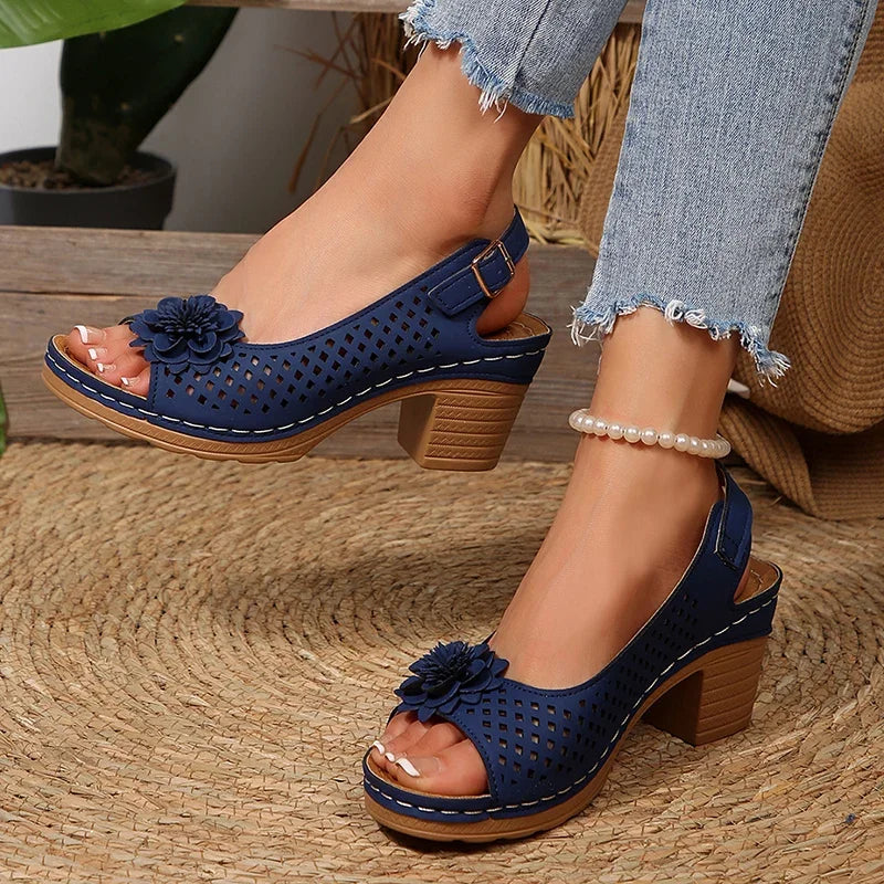 Fashion Flowers High Heels Sandals Women Back Strap Hollow Out Summer Sandles Woman 2025 Plus Size Thick Heeled Sandalias Mujer