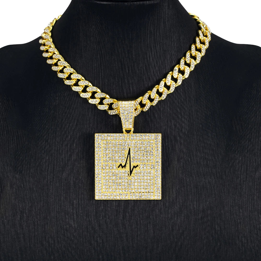 Hip Hop Electrocardiogram Lifeline Geometric Pendant Necklace With 13mm Box Buckle Cuban Chain Necklaces Fashion Jewelry For Men
