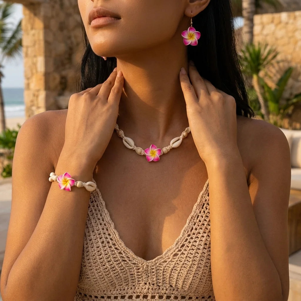 Boho Hawaiian Plumeria Flower Jewelry Set for Women Polymer Clay Cowrie Shell Choker Necklace Woven Bracelet Earrings Vacation