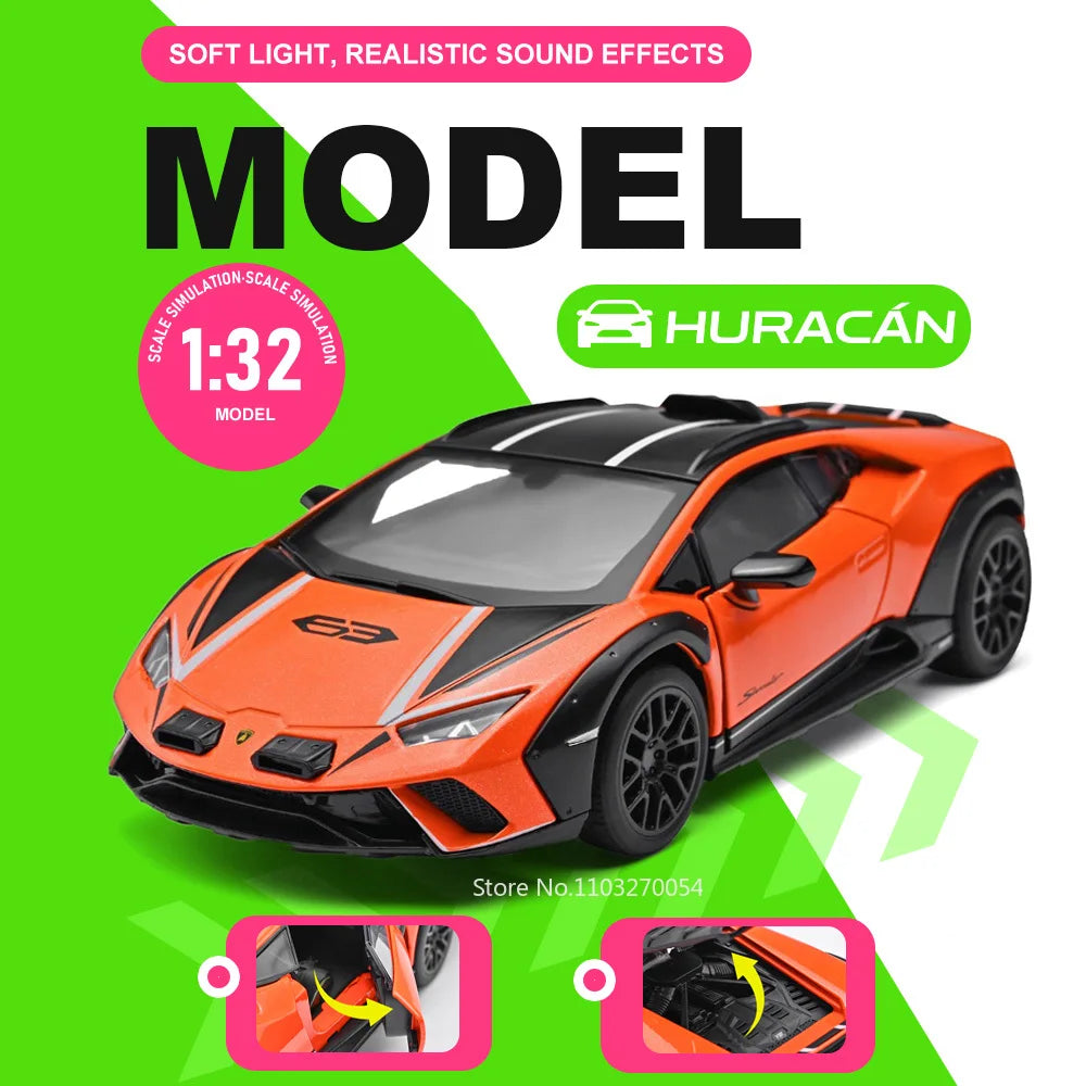 1:32 Huracán SVJ63 Alloy Sportscar Toys Diecast Model Rubber Tires Doors Opened Pull Back Miniature Vehices for Boy Fashion Gift