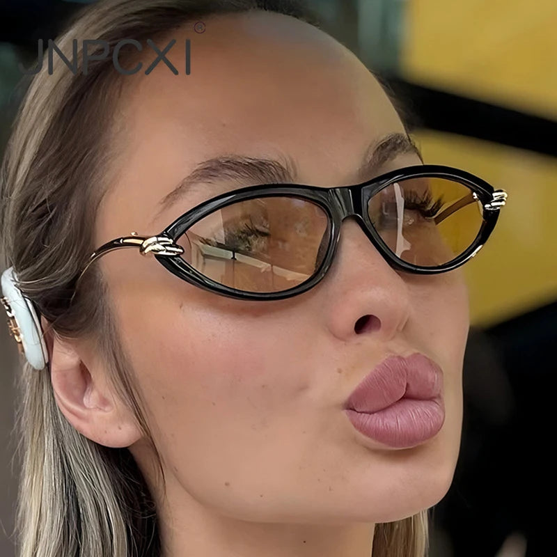 JNPCXI New Fashion Cat Eye Candy Color Women Luxury Sunglasses Brand Designer Oval Hollow Shades Men Sun Glasses UV400