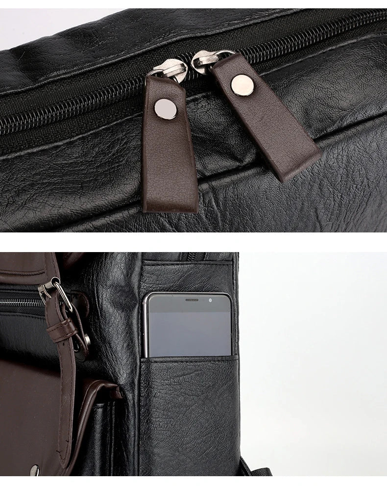 Black Vintage Laptop Leather Backpacks School Travel, Casual PU Leather Men Bags