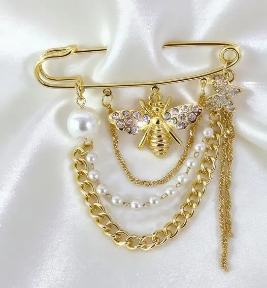 Elegant Bee Butterfly Rhinestone Brooch Multi Layer Chain Tassel Pearl Pin for Women Suit Coat Lapel Jewelry