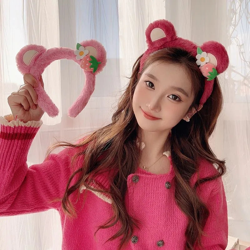 Strawberry Bear Plush Headband for Women Sweet Fashion Girls Face Wash HairBand